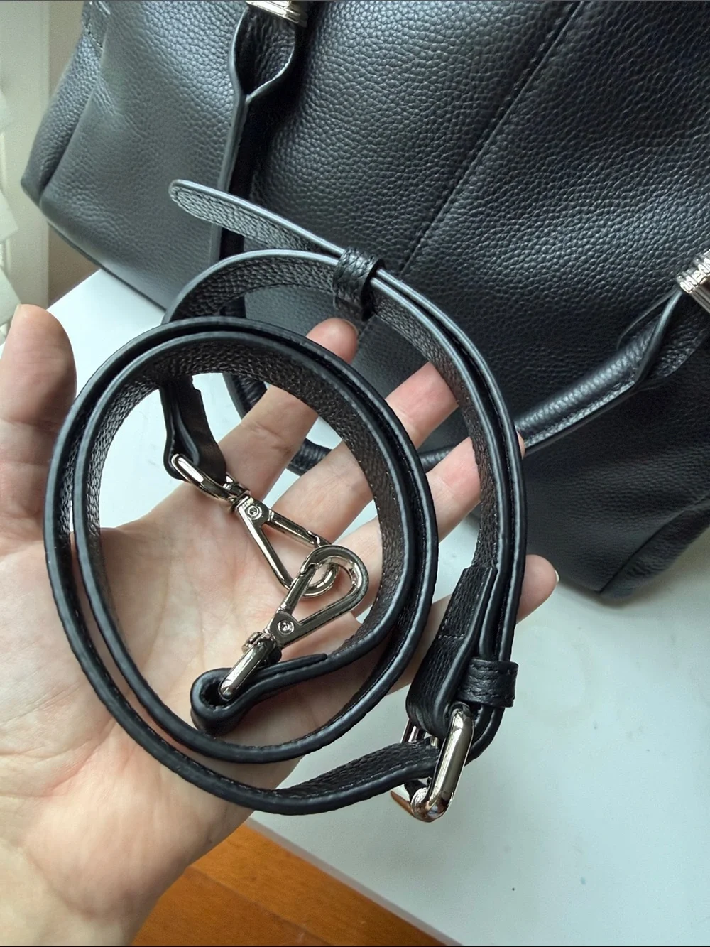 S-Zone Structured Black Pebbled Leather Satchel/Crossbody with Silver Accents